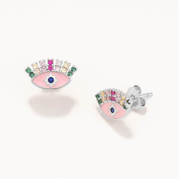 18k White Gold Plated Silver Mini Eye Earrings Pink Enamel