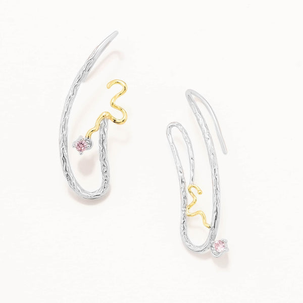 18k White Gold Plated Silver Geometric Shaped Textured Earrings with Pink Zircon Stones