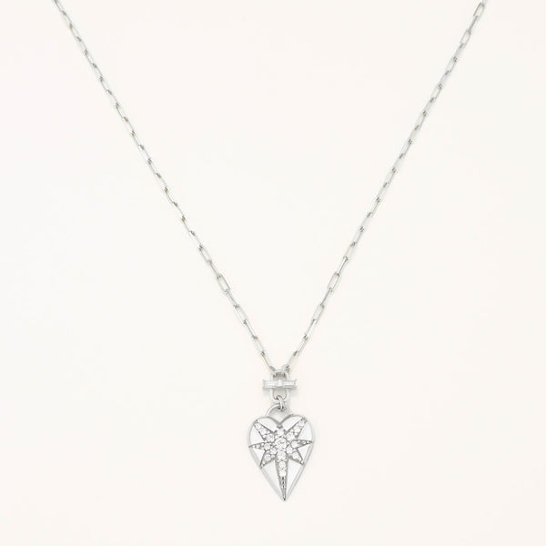 18K White Gold Plated Silver Heart Charm Necklace with Zircon Stone