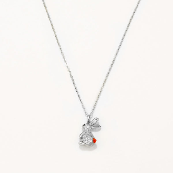 18k White Gold Plated Silver Rabbit Figure Necklace with Zircon Stone