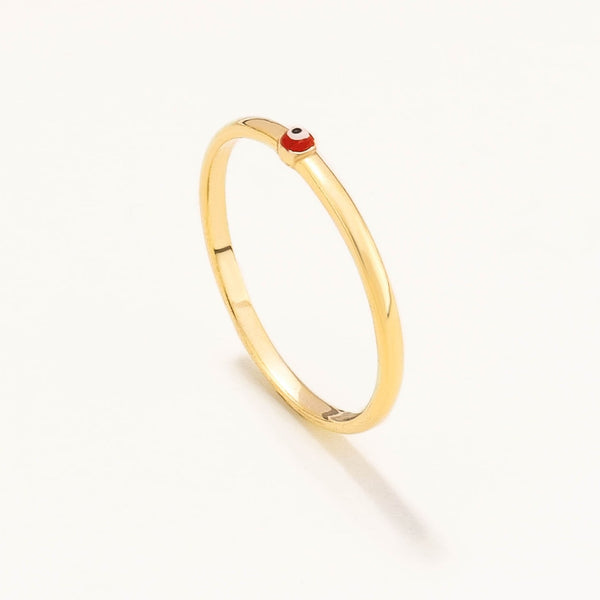 18k Gold Plated Silver Red Enamel Evil Eye Bead Thin Ring