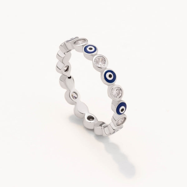 18k White Gold Plated Silver Navy Blue Enamel Evil Eye Beaded Ring with Zircon Stone