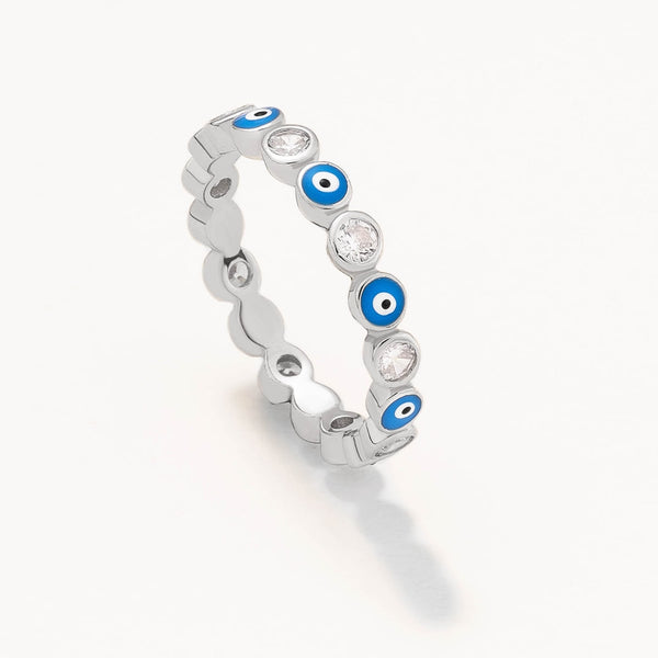 18k White Gold Plated Silver Light Blue Enamel Evil Eye Beaded Ring with Zircon Stone