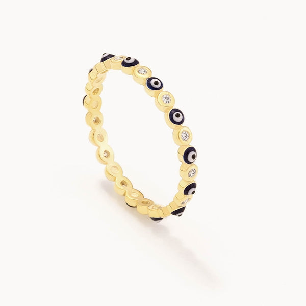 18k Gold Plated Silver Navy Blue Enamel Evil Eye Beaded Thin Ring with Zircon Stone