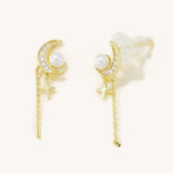 18k Gold Plated Silver Pearl and Star and Crescent Shaped Pendant Earrings