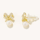 18k Gold Plated Silver Pearl Dangle Ribbon Figured Earring with Zircon Stone