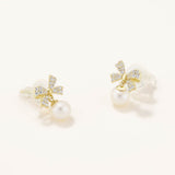 18k Gold Plated Silver Pearl Dangle Ribbon Figured Earring with Zircon Stone