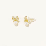 18k Gold Plated Silver Pearl Dangle Ribbon Figured Earring with Zircon Stone