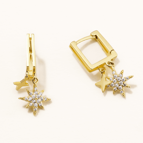 18k Gold Plated Silver Dangle Mini North Star Earrings with Zircon Stones