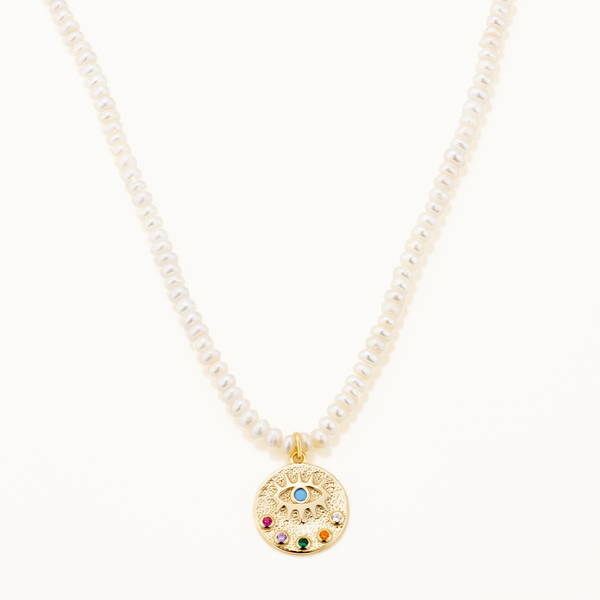 18k Gold Gold Plated Natural Pearl Necklace with Silver Eye Figure and Colored Zircon Stone