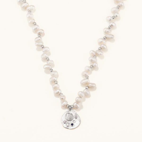 18k White Gold Plated Silver Seashell Figured Locket Pearl Necklace