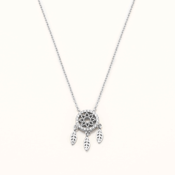 18k White Gold Plated Silver Dream Catcher Necklace with Zircon Stone