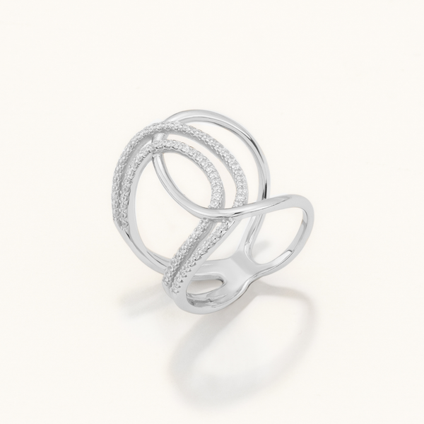 18k White Gold Plated Silver 2 Row Zircon Stone Spiral Ring