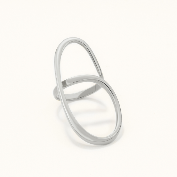 18K White Gold Plated Silver Long Geometric Shaped Ring