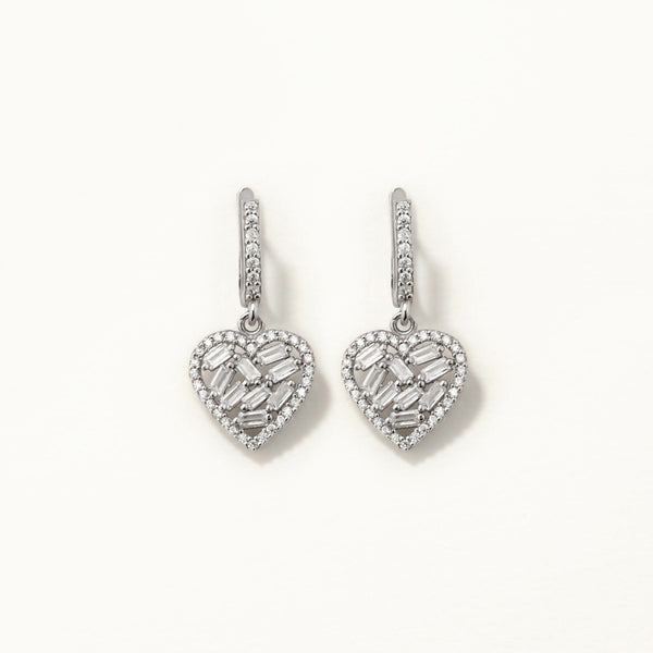 18k White Gold Plated Silver Heart Earrings with Baguette Stone