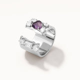 18k White Gold Plated Silver Wide Ring with Mini Amethyst Heart and Zircon Stone
