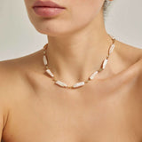 18k Gold Plated Silver Row Pearl and White Stone Necklace